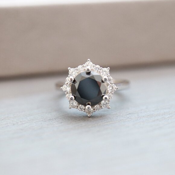 Jewelry - S925 3ct Black Moissanite Diamond Sunflower Style Engagement Ring Silver